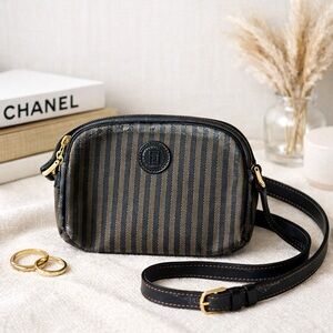 Authentic Fendi Vintage Penguin Striped Crossbody Bag Black Leather